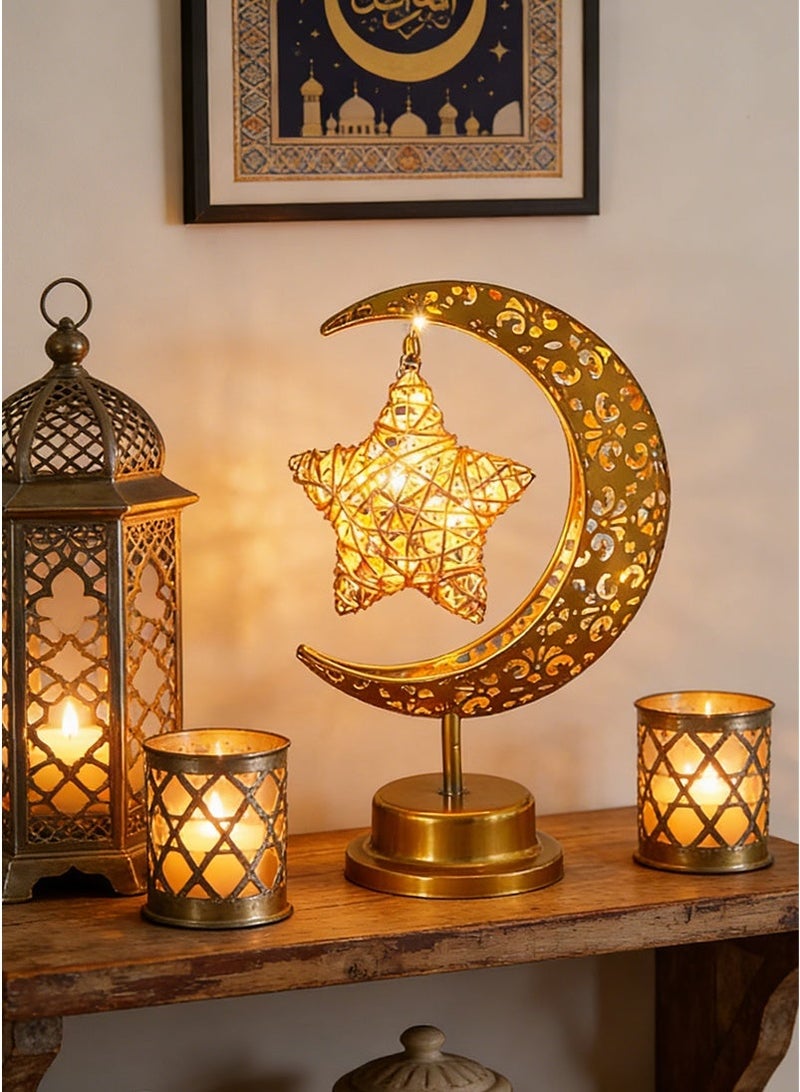 يواوليتي مصباح رمضان، أضواء زينة رمضان، زينة طاولة رمضان ذهبية على شكل قمر ونجمة، أضواء رمضان للمهرجانات، زينة المنزل (أبيض دافئ) - Image 2